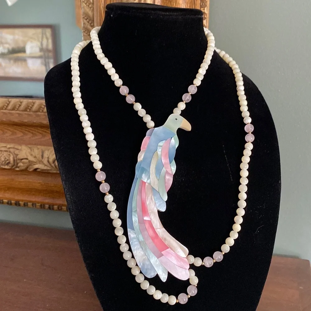 Vintage Karla Jordan Mother of Pearl Inlay Quartz Parrott Necklace - Picture 1 of 9